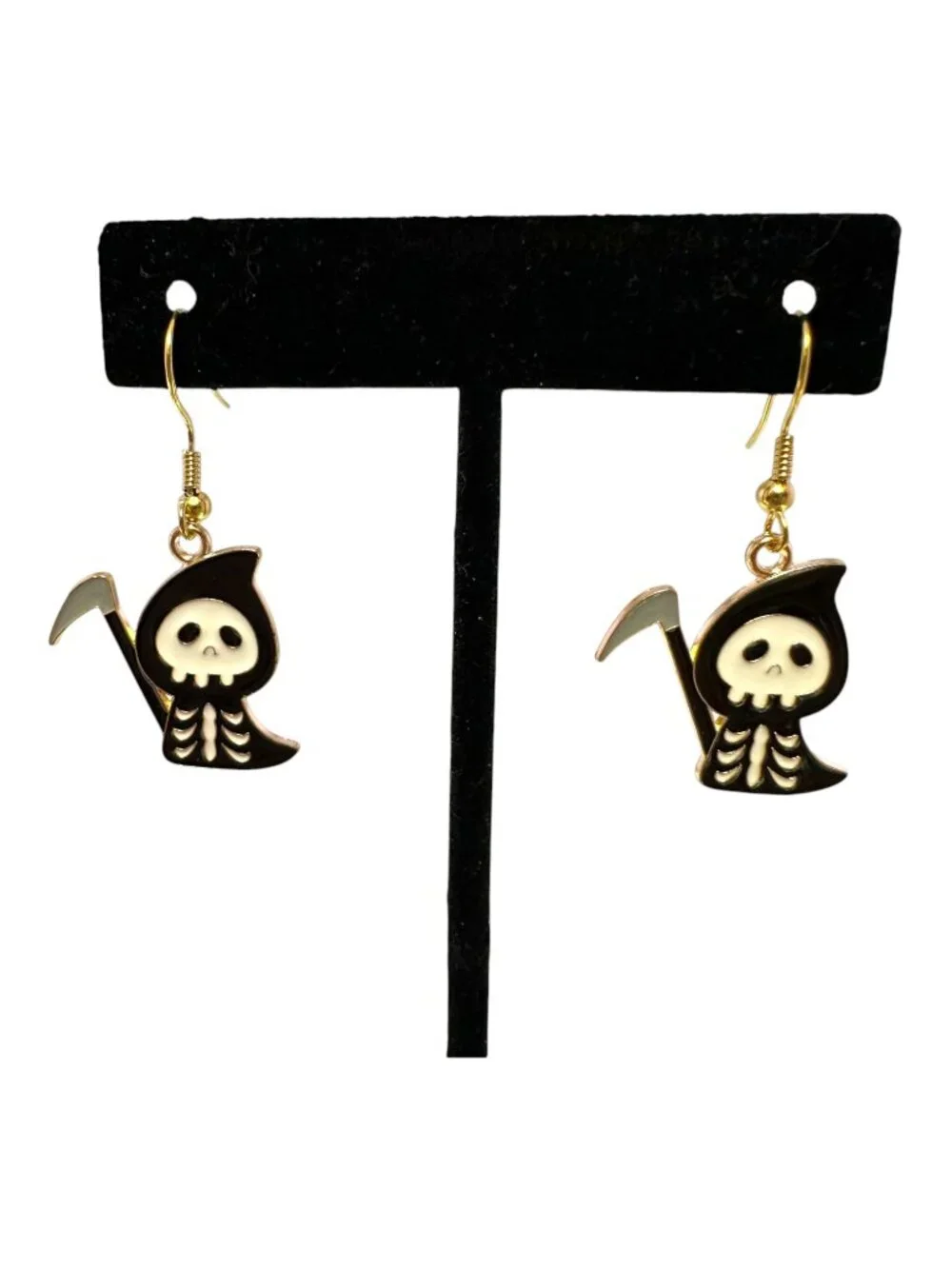 Grim Reaper Enamel Earrings Gold Plated French Hook Ear Wires 1 5/8
